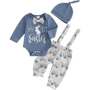 Newborn Baby Boy My 1st Easter Outfit Bunny Long Sleeve Romper Truck Suspender Pants Cute Hat 3Pcs Clothes Set