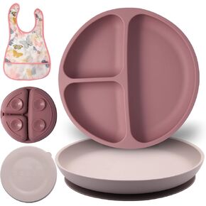 Suction Plates for Baby–Non-Slip Silicon Plates for Baby- Microwave & Dishwasher Safe, BPA-Free 2 Baby Plates with 1 (Gift) Bib- Girls