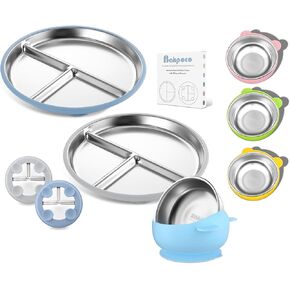 9" Stainless Steel Toddler Plate with Removable Suction Airy Blue & Gray 2-Pack, 2-in-1 SUS304 Toddlers Bowl & Removable Silicone Suction Kids Bowls 4 Vibrant Color Set