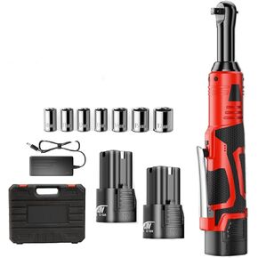Cordless Ratchet Wrench 3/8 Square Drive, 18V Electric Ratchet Wrench, 40ft-lbs (55 N.m), Variable 450RPM, 4" Extended Neck Right Angle, 7 Sockets, 2x 2.0Ah Battery, Tighten or Remove