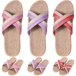 3 Pairs Linen House Slippers Summer Slippers Indoor for Women Comfortable Washable Flax Shoes Open Toe Non Slip for Hotel Travel Bedroom Airplane Party (Size 7.5-8.5)