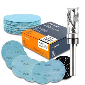 SpeTool 30PCS 6 Inch Assorted Net Sanding Discs with Sander Pad Saver and SpeTool Top Bearing Compression Flush Trim Router Bit with 1/4" Shank 1/2" Cutting Diameter