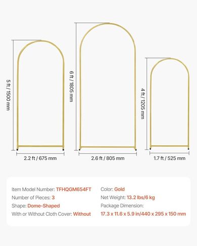 VEVOR Arch Backdrop Stand, 7.2FT & 6FT, Set of 2 Balloon Metal Arch Stand for Ceremony, Gold Wedding Arch Backdrop Stand, Fit for Birthday Party, Baby Shower, Graduations, Holiday in Saudi Arabia