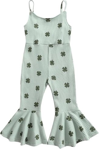 Toddler Baby Girls Bell-Bottoms Jumpsuit Ribbed Sleeveless Spaghetti Straps Romper Heart Valentines Outfit in Kuwait