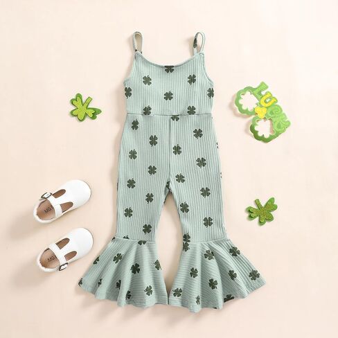 Toddler Baby Girls Bell-Bottoms Jumpsuit Ribbed Sleeveless Spaghetti Straps Romper Heart Valentines Outfit in Kuwait