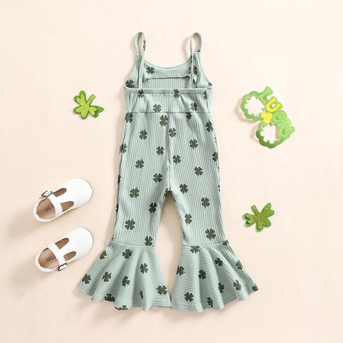 Toddler Baby Girls Bell-Bottoms Jumpsuit Ribbed Sleeveless Spaghetti Straps Romper Heart Valentines Outfit in Kuwait