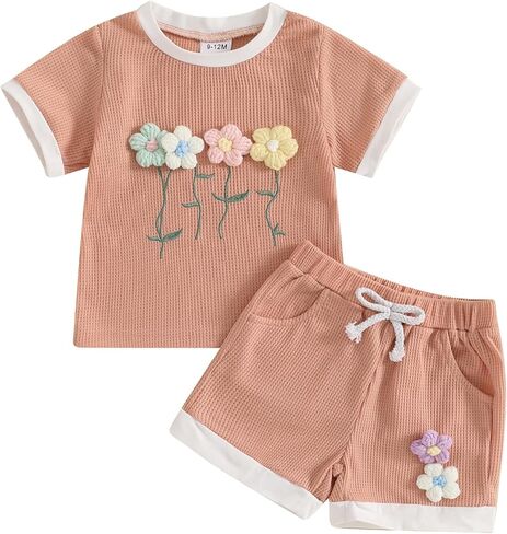 Baby Girl Clothes Waffled Flower Outfits Short Sleeve Round Neck Tops Rib Knit Shorts Toddler Girl Summer Clothes in Kuwait