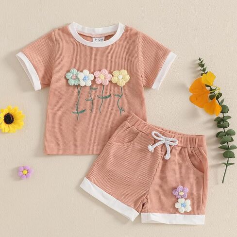 Baby Girl Clothes Waffled Flower Outfits Short Sleeve Round Neck Tops Rib Knit Shorts Toddler Girl Summer Clothes in Kuwait