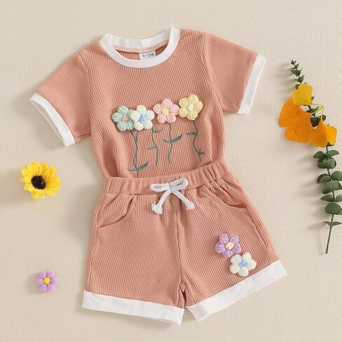 Baby Girl Clothes Waffled Flower Outfits Short Sleeve Round Neck Tops Rib Knit Shorts Toddler Girl Summer Clothes in Kuwait