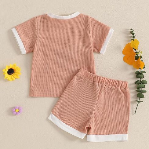 Baby Girl Clothes Waffled Flower Outfits Short Sleeve Round Neck Tops Rib Knit Shorts Toddler Girl Summer Clothes in Kuwait