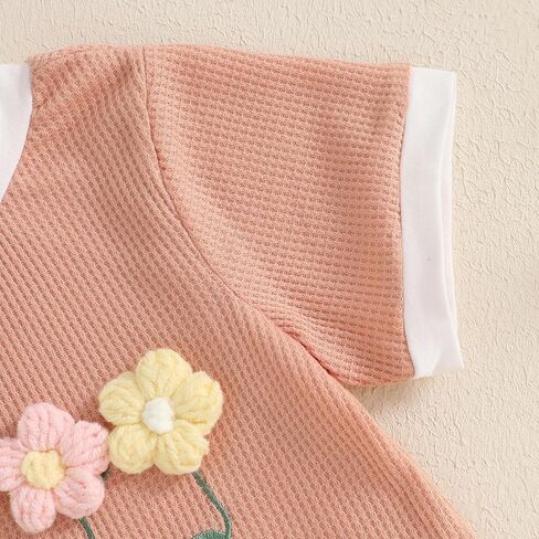 Baby Girl Clothes Waffled Flower Outfits Short Sleeve Round Neck Tops Rib Knit Shorts Toddler Girl Summer Clothes in Kuwait