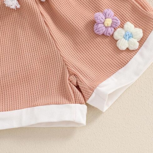 Baby Girl Clothes Waffled Flower Outfits Short Sleeve Round Neck Tops Rib Knit Shorts Toddler Girl Summer Clothes in Kuwait