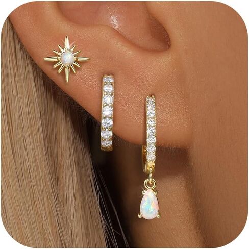 Opal Earrings for Women, Gold Opal Stud Hoop Earrings Set, Dainty Opal Earrings Jewelry, Hoop Earring Stacks for Women Trendy in Saudi Arabia