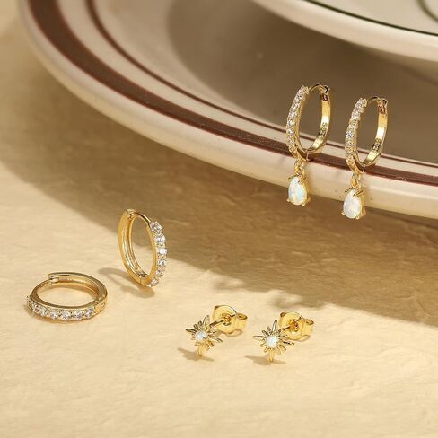 Opal Earrings for Women, Gold Opal Stud Hoop Earrings Set, Dainty Opal Earrings Jewelry, Hoop Earring Stacks for Women Trendy in Saudi Arabia