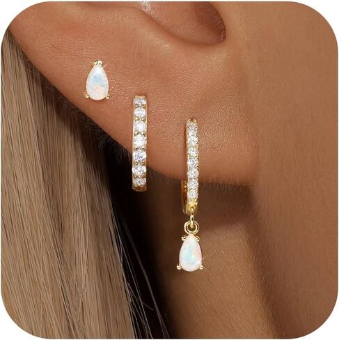 Opal Earrings for Women, Gold Opal Stud Hoop Earrings Set, Dainty Opal Earrings Jewelry, Hoop Earring Stacks for Women Trendy in Saudi Arabia