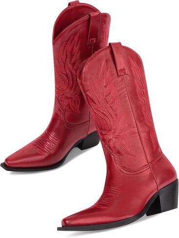 MUCCCUTE Cowboy Boots for Women – Mid Calf Cowgirl Boots Embroidered Chunky Heels Pointed Toe Pull On, Perfect for Partys, Country Music Festivals, Concerts, and More in Kuwait