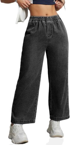 Womens Pull On Wide Leg Jeans 90s Elastic Waist High Rise Baggy Crop Denim Pants for Women 2024 Trendy, X-Large Light Blue in Saudi Arabia