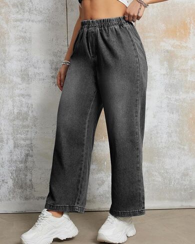 Womens Pull On Wide Leg Jeans 90s Elastic Waist High Rise Baggy Crop Denim Pants for Women 2024 Trendy, X-Large Light Blue in Saudi Arabia