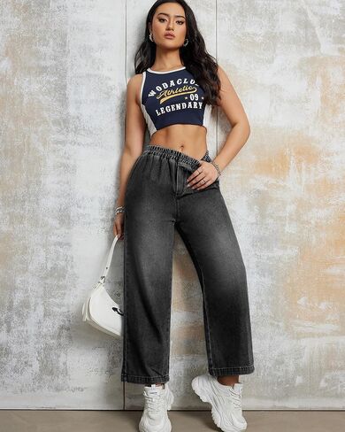 Womens Pull On Wide Leg Jeans 90s Elastic Waist High Rise Baggy Crop Denim Pants for Women 2024 Trendy, X-Large Light Blue in Saudi Arabia