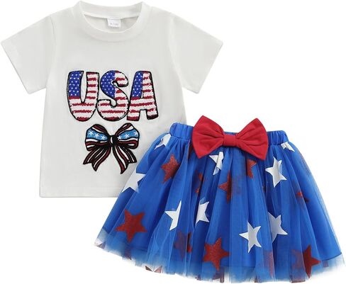 allshope طفلة طفلة الرابع من يوليو ملابس قصيرة الأكمام تي شيرت قمم تول تنانير مجموعة الملابس الصيفية 6 12 18 24 شهر in Kuwait