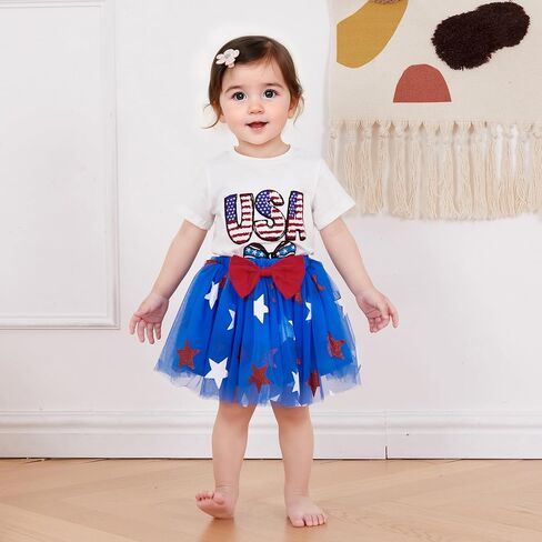 allshope طفلة طفلة الرابع من يوليو ملابس قصيرة الأكمام تي شيرت قمم تول تنانير مجموعة الملابس الصيفية 6 12 18 24 شهر in Kuwait