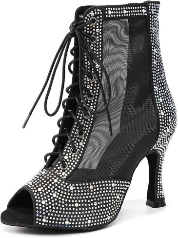 Women's Open Toe Dance Boots Mesh Lace up Ankle Boots Rhinestone Ballroom Dance Shoes in Kuwait