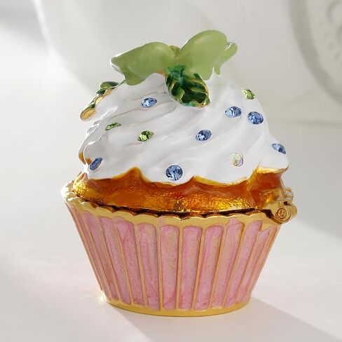 صندوق حلية كب كيك مطلي يدويًا بالمينا، تخزين منظم المجوهرات المفصلي، تمثال تذكاري فريد من نوعه لديكور المنزل، هدايا زينة يدوية شخصية (كب كيك أبيض مع الكرز) in Kuwait