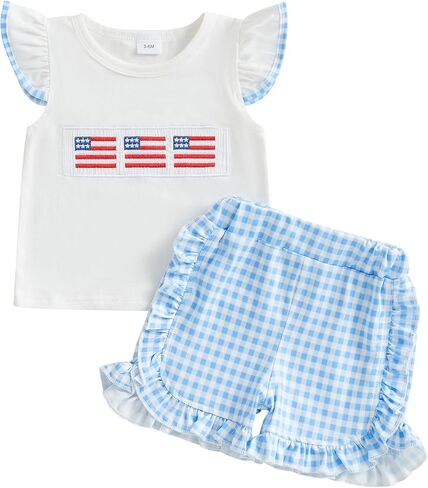 Toddler Baby Girl 4th of July Outfit American Flag Embroidery Fly Sleeve T-Shirt Top Plaid Ruffle Hem Shorts Set in Kuwait