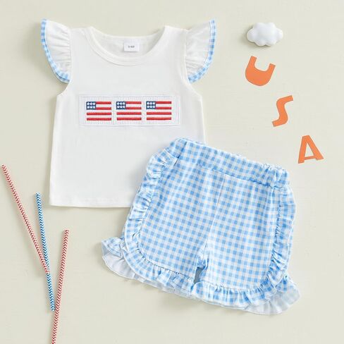 Toddler Baby Girl 4th of July Outfit American Flag Embroidery Fly Sleeve T-Shirt Top Plaid Ruffle Hem Shorts Set in Kuwait