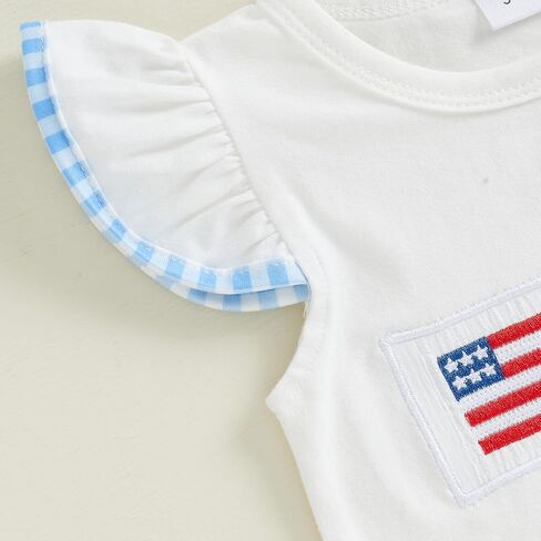 Toddler Baby Girl 4th of July Outfit American Flag Embroidery Fly Sleeve T-Shirt Top Plaid Ruffle Hem Shorts Set in Kuwait