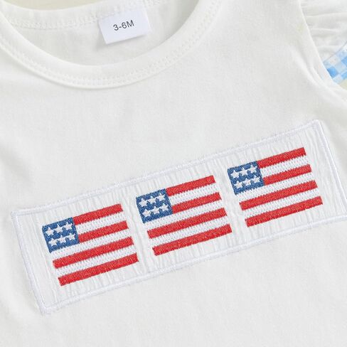 Toddler Baby Girl 4th of July Outfit American Flag Embroidery Fly Sleeve T-Shirt Top Plaid Ruffle Hem Shorts Set in Kuwait