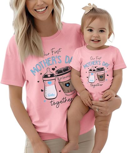 Our First Mothers Day Matching Outfit Mommy and Me T-Shirt Newborn Baby Girl Romper Milk Bottle Onesie New Mom Shirt in Saudi Arabia