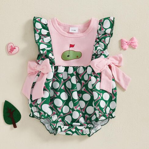 Newborn Infant Baby Girl Golf Outfit Smocked Bubble Romper Ruffle Sleeveless Bow Bodysuit Cute Summer Clothes in Saudi Arabia