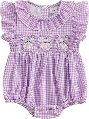 Aopwsrlyi Newborn Baby Girl Easter Outfit Cute Bunny Embroidery Smocked Bubble Romper Ruffle Sleeve Plaid Bodysuit in Kuwait