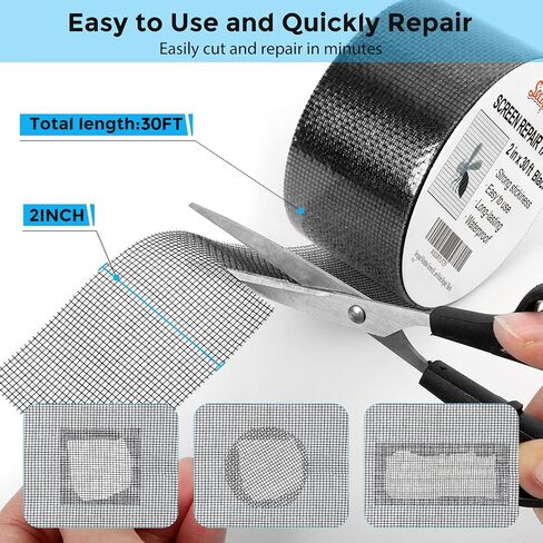 Black Window Screen Repair Tape, 2 in X 30 FT (360IN) Screen Repair Kit for Windows or Doors, Strong Adhesive Fiberglass Mesh Patch Tape in Kuwait