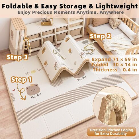 71x59 in Foldable Baby Play Mat,Waterproof Baby Playpen Mat,Portable Anti-Slip Baby Playmat,Thick Foam Floor Play Mat for Babies &Toddlers & Kids,Reversible Baby Crawling Mat for Indoor&Outdoor(Bear) in Saudi Arabia