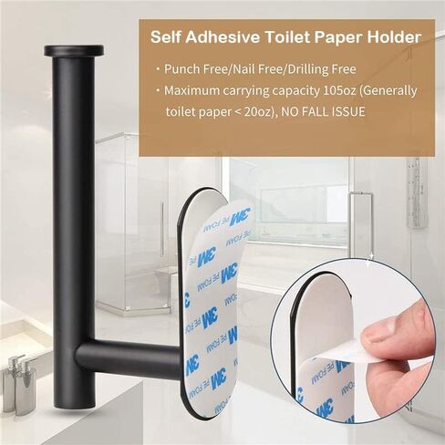 Toilet Paper Holder - Self Adhesive Toilet Paper Holder Wall Mount for Bathroom, SUS 304 Stainless Steel Command Strip Toilet Paper Roll Holder Stick On Wall, No Drilling - Matte Black in Saudi Arabia