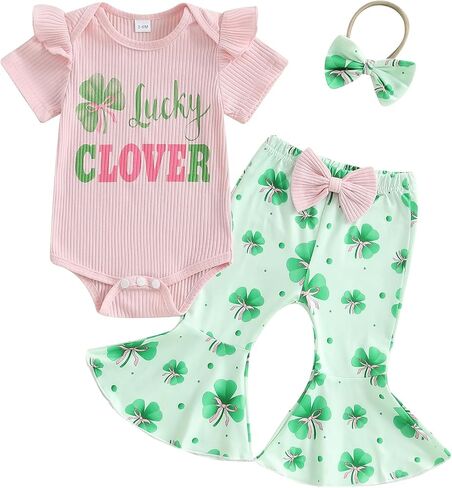 Karuedoo Newborn Baby Girl St Patricks Day Outfit Short Sleeve Daddy's Lucky Charm Romper Clover Flared Pants Headband Set in Saudi Arabia