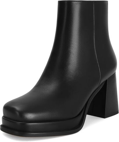 Women's Black Leather Platform GoGo Ankle Boots Square Toe High Chunky Block Heels with Back Zipper Comfort Party Dress Booties Shoes in Saudi Arabia