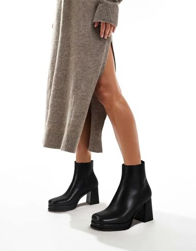 Women's Black Leather Platform GoGo Ankle Boots Square Toe High Chunky Block Heels with Back Zipper Comfort Party Dress Booties Shoes in Saudi Arabia