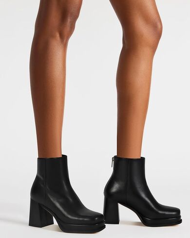 Women's Black Leather Platform GoGo Ankle Boots Square Toe High Chunky Block Heels with Back Zipper Comfort Party Dress Booties Shoes in Saudi Arabia