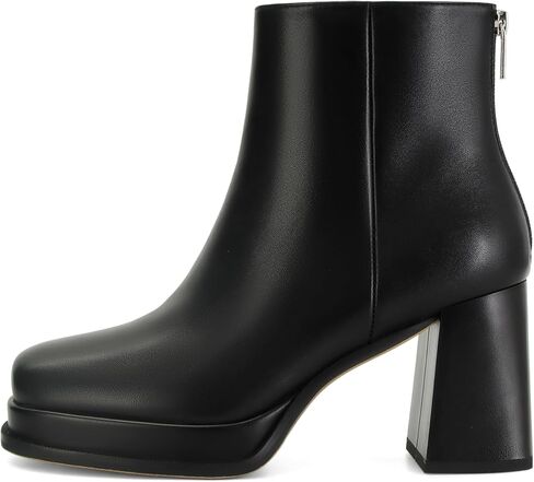 Women's Black Leather Platform GoGo Ankle Boots Square Toe High Chunky Block Heels with Back Zipper Comfort Party Dress Booties Shoes in Saudi Arabia