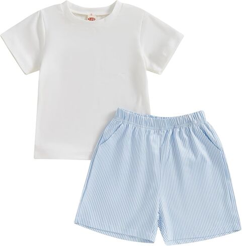 Thorn Tree Toddler Boys Shorts Set Solid Short Sleeve T-Shirt Strip Pocket Shorts Casual Outfits Summer Clothes in Saudi Arabia