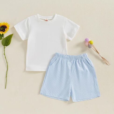 Thorn Tree Toddler Boys Shorts Set Solid Short Sleeve T-Shirt Strip Pocket Shorts Casual Outfits Summer Clothes in Saudi Arabia