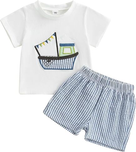 Toddler Baby Boy Summer Outfits Short Sleeve Fishing Boat T Shirt Tees Striped Shorts Set Infant Beach Clothes in Saudi Arabia