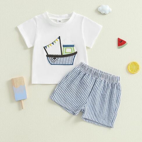Toddler Baby Boy Summer Outfits Short Sleeve Fishing Boat T Shirt Tees Striped Shorts Set Infant Beach Clothes in Saudi Arabia