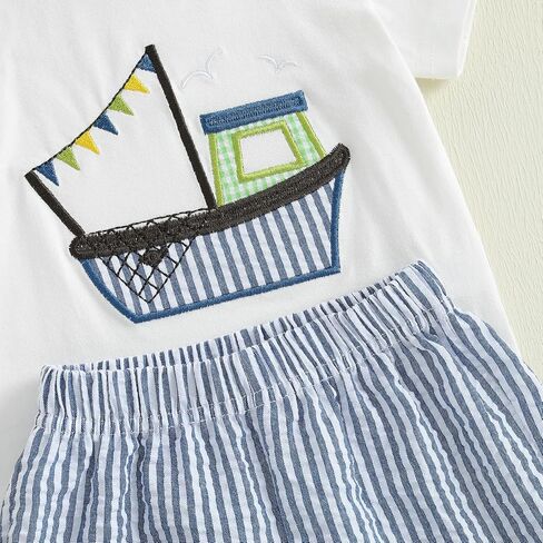 Toddler Baby Boy Summer Outfits Short Sleeve Fishing Boat T Shirt Tees Striped Shorts Set Infant Beach Clothes in Saudi Arabia