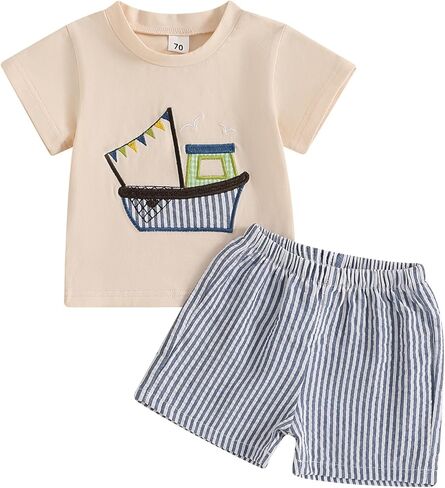 Toddler Baby Boy Summer Outfits Short Sleeve Fishing Boat T Shirt Tees Striped Shorts Set Infant Beach Clothes in Saudi Arabia