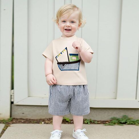 Toddler Baby Boy Summer Outfits Short Sleeve Fishing Boat T Shirt Tees Striped Shorts Set Infant Beach Clothes in Saudi Arabia