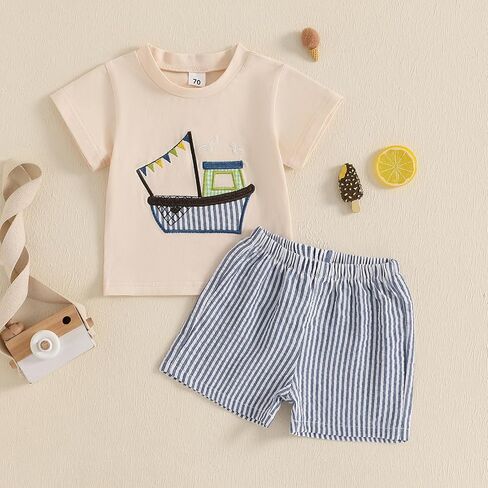 Toddler Baby Boy Summer Outfits Short Sleeve Fishing Boat T Shirt Tees Striped Shorts Set Infant Beach Clothes in Saudi Arabia